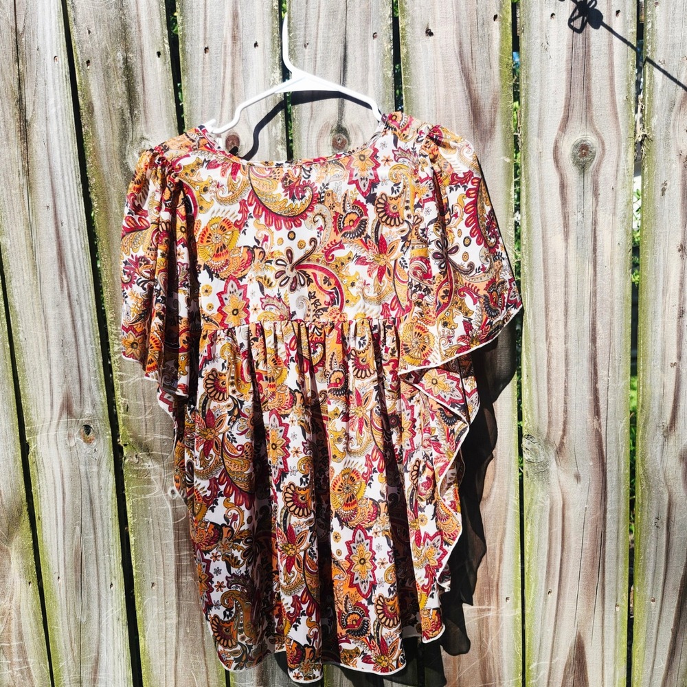 Fun & Flirt Womens Boho Paisley Babydoll Top Orange Red Butterfly Sleeve Large - Picture 9 of 9